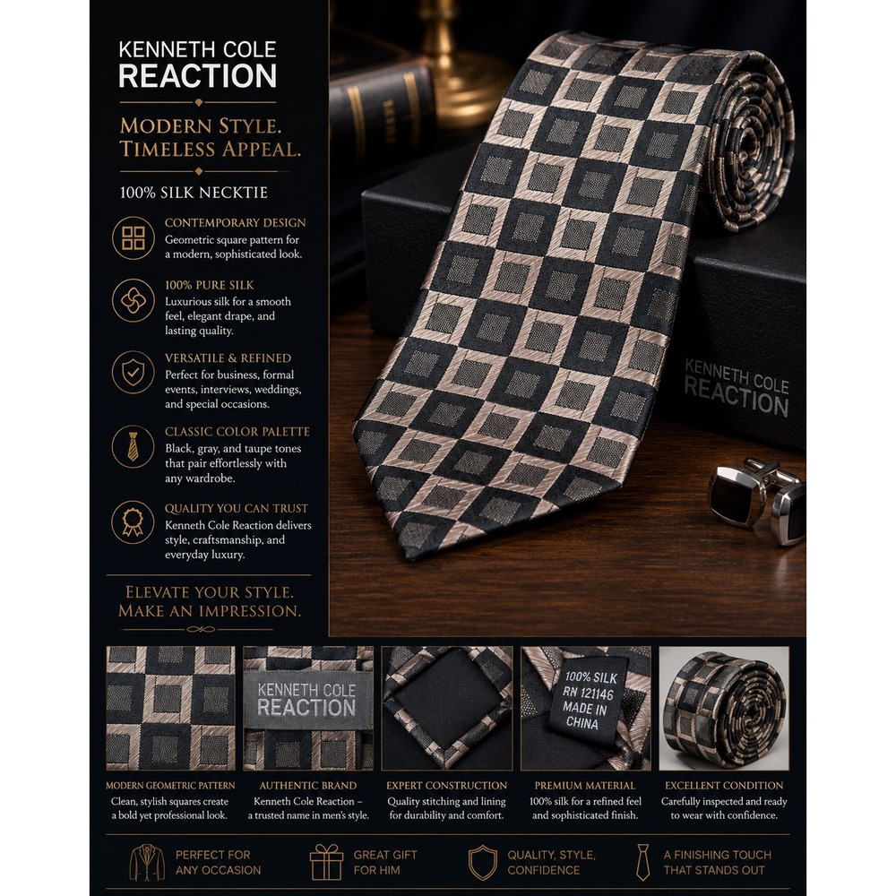 Kenneth Cole Reaction 100% Silk Geometric Squares Tie Black Gray Modern Classic